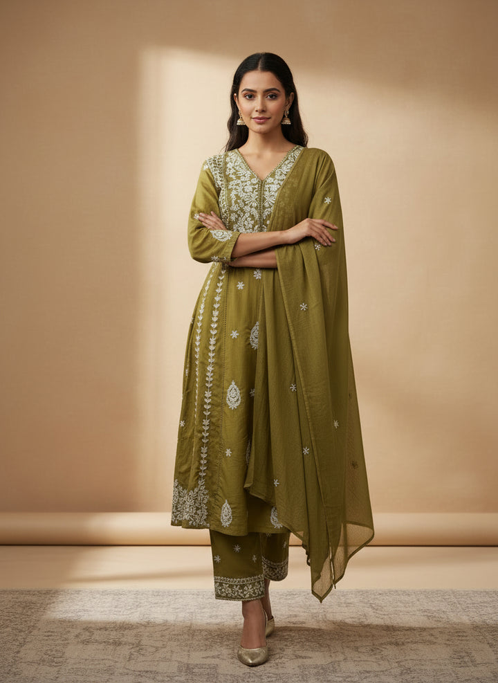 Yellow A-line chikankari dupatta set