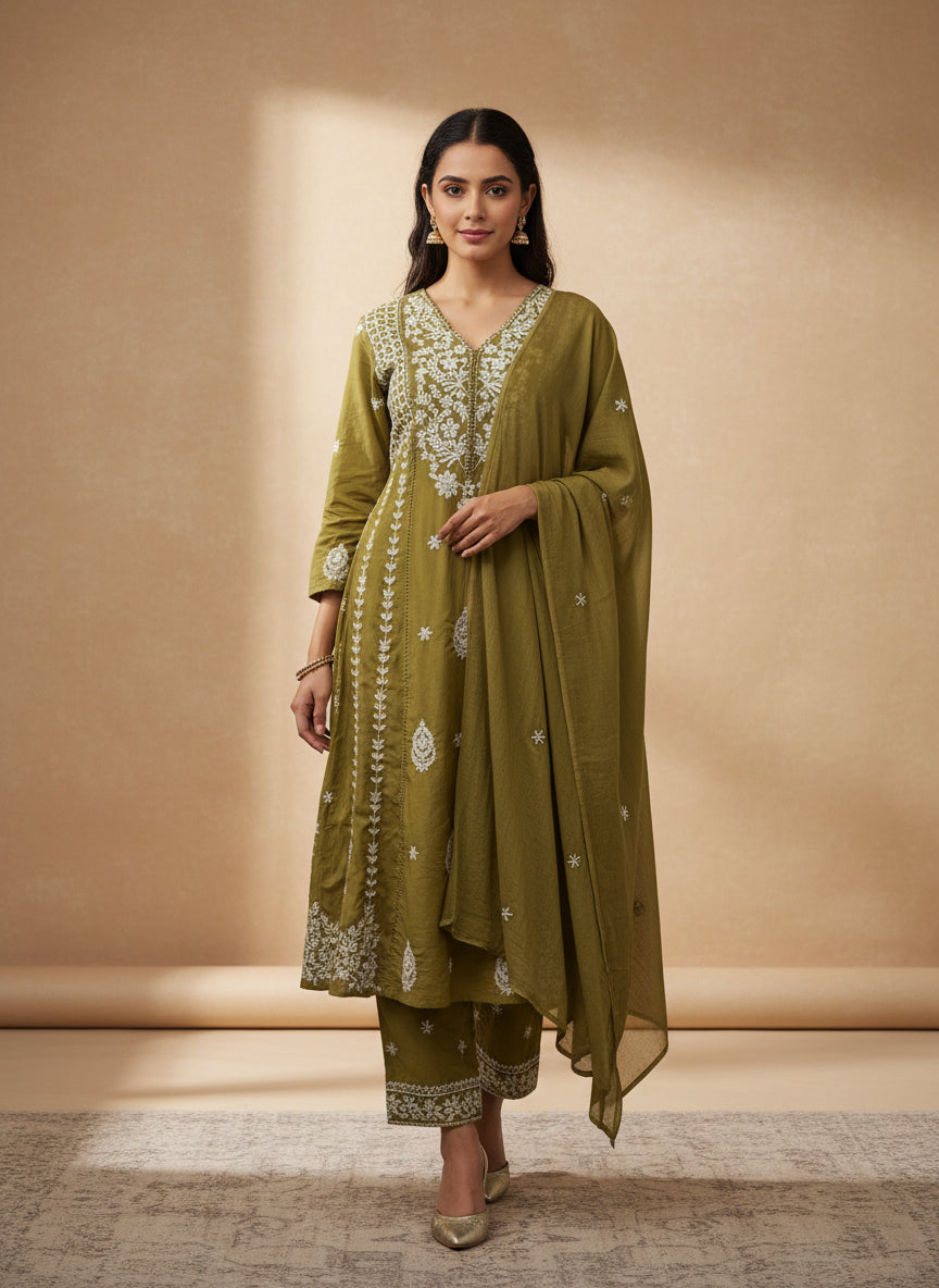 Yellow A-line chikankari dupatta set