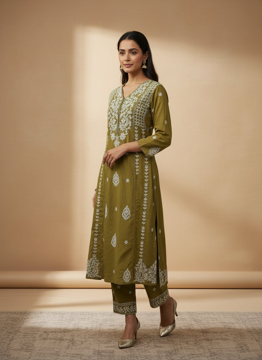 Yellow A-line chikankari dupatta set