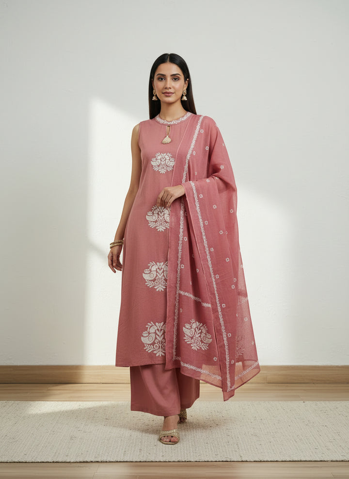 Pink cut sleeves dupatta set