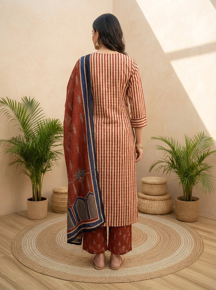Red and blue palm trees dupatta set
