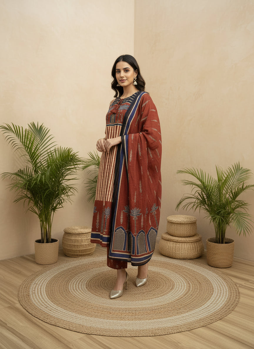 Red and blue palm trees dupatta set