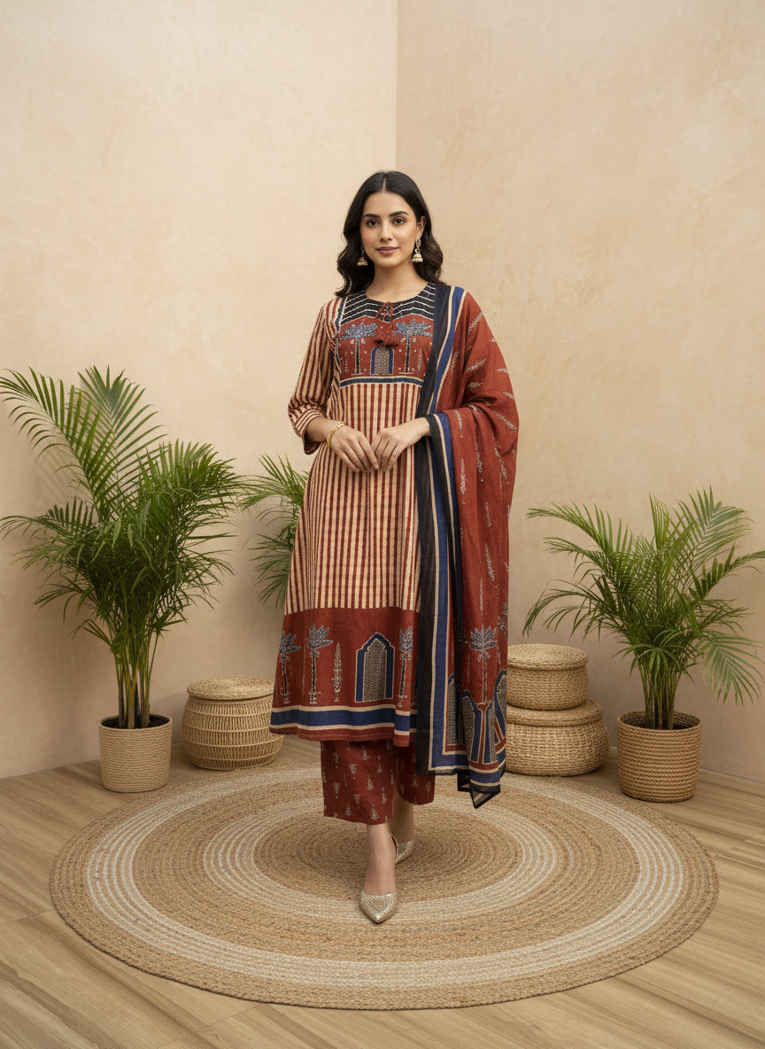 Red and blue palm trees dupatta set