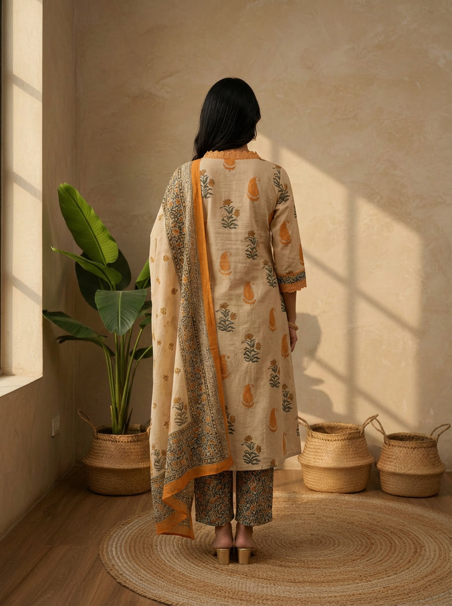 Rust and beige A-line dupatta set