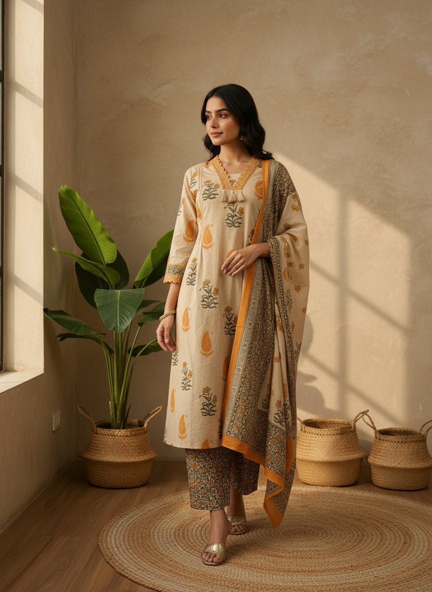 Rust and beige A-line dupatta set