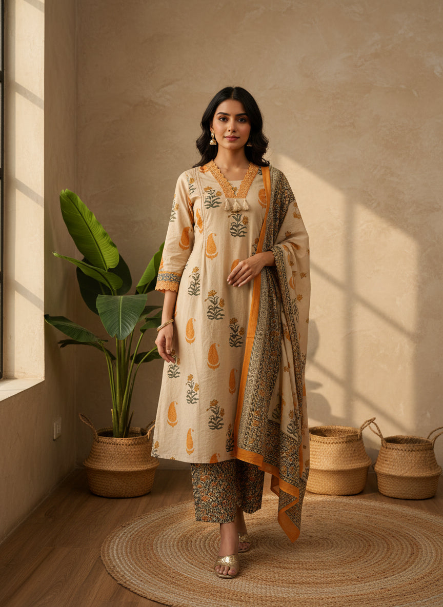 Rust and beige A-line dupatta set