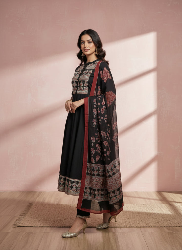 Ajrak printed Black dupatta set