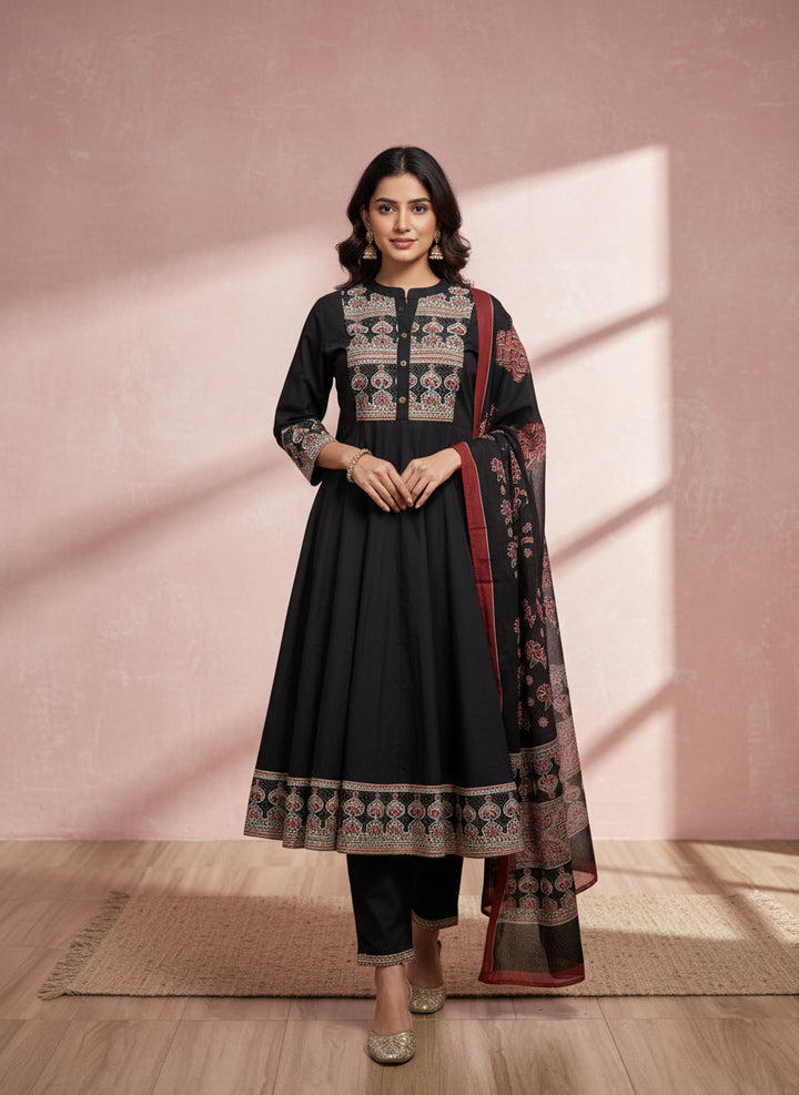 Ajrak printed Black dupatta set