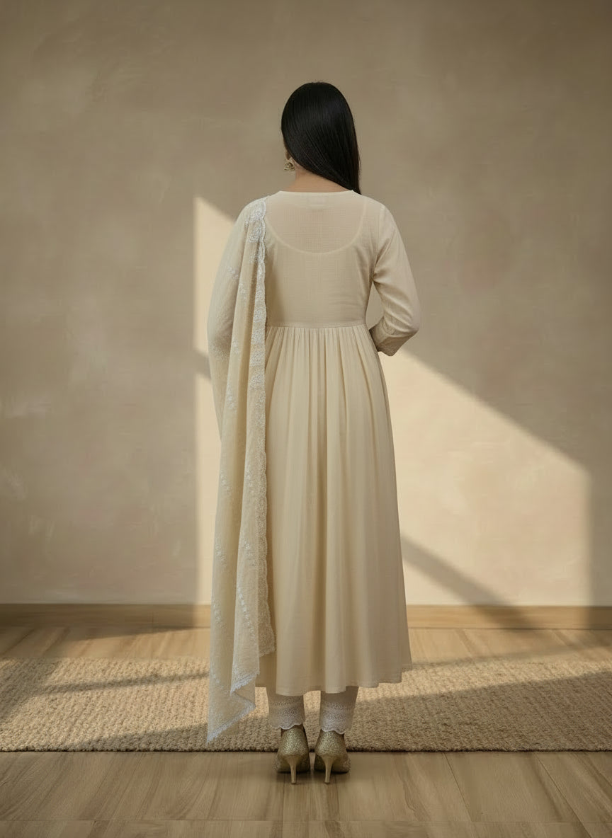 Beige mul mul chikankari anarkali long