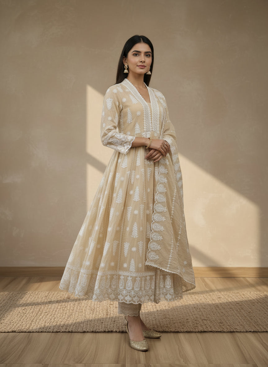 Beige mul mul chikankari anarkali long