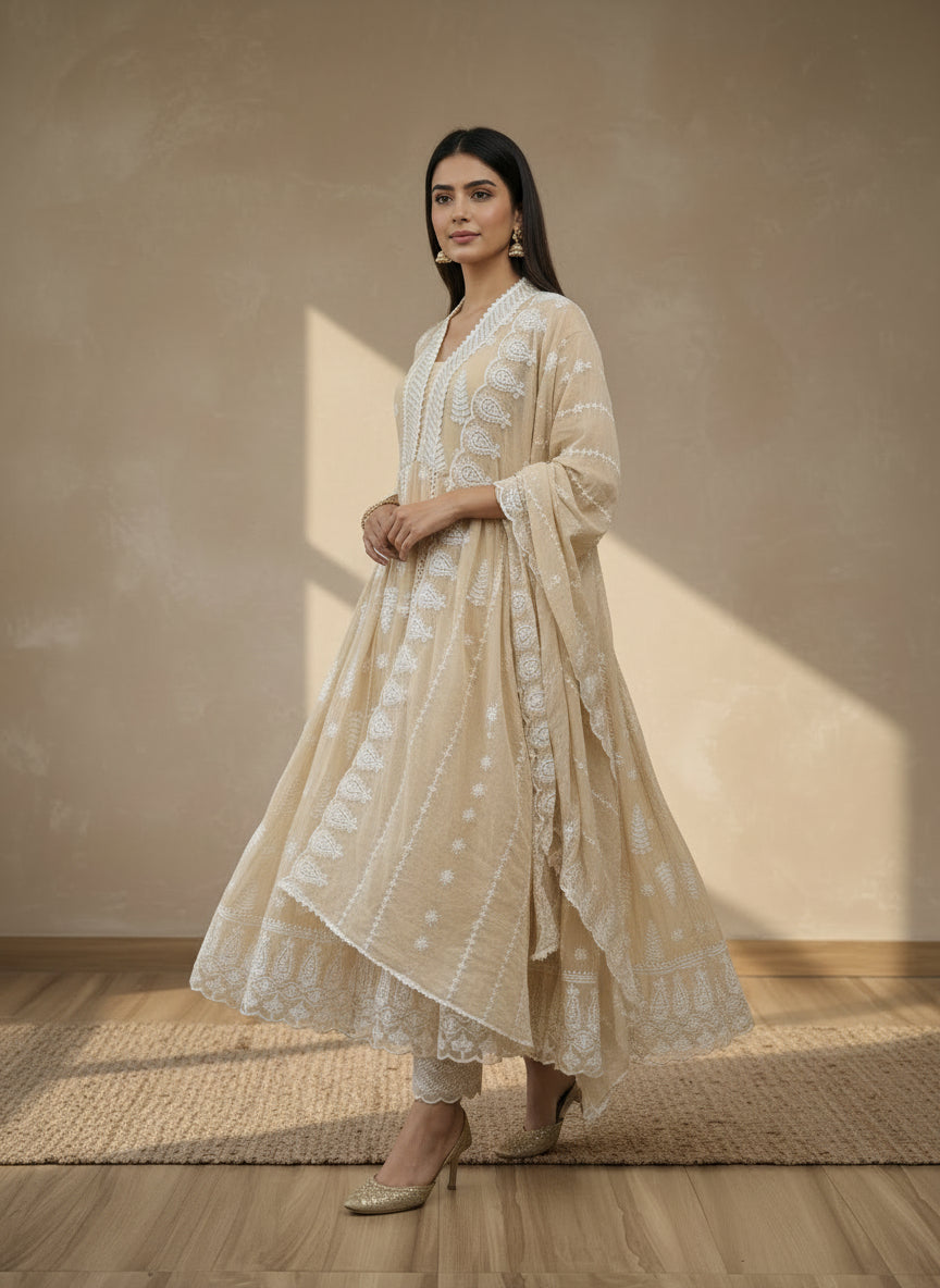 Beige mul mul chikankari anarkali long