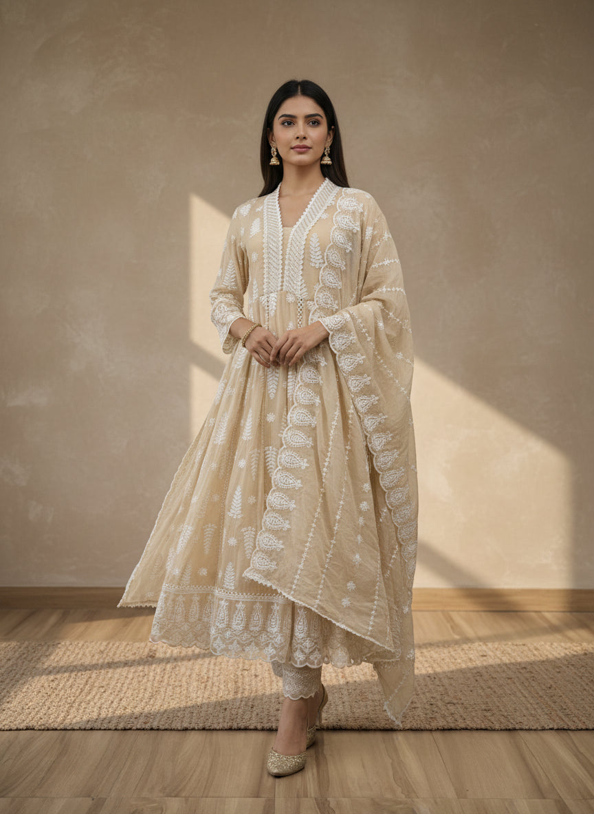 Beige mul mul chikankari anarkali long
