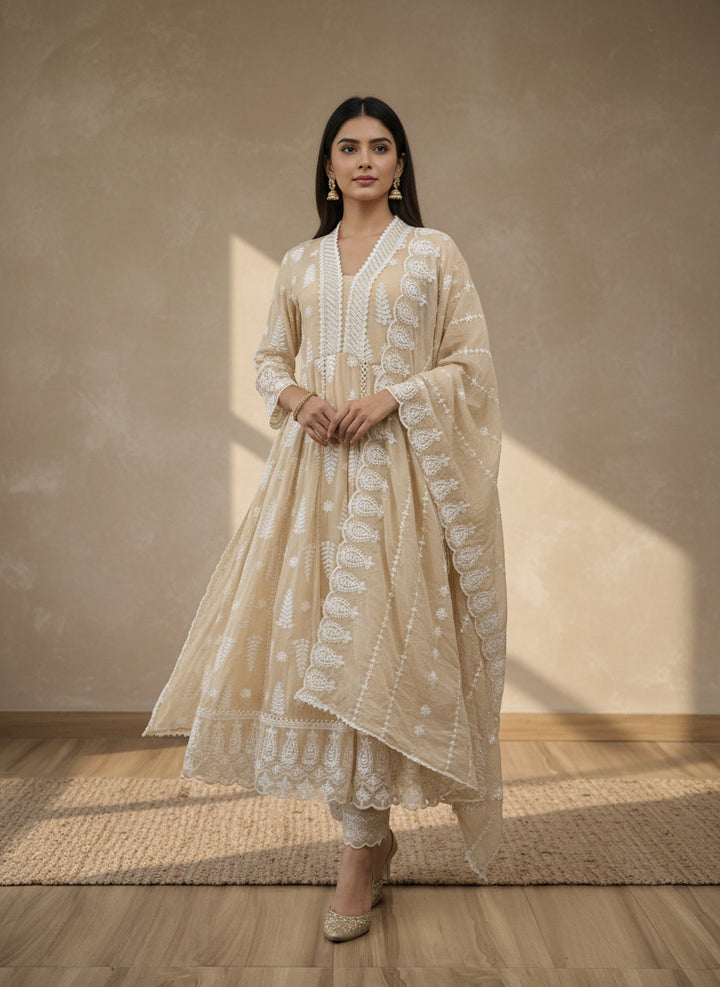 Beige mul mul chikankari anarkali long
