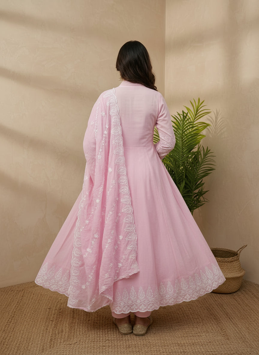 Pink mul mul chikankari anarkali long