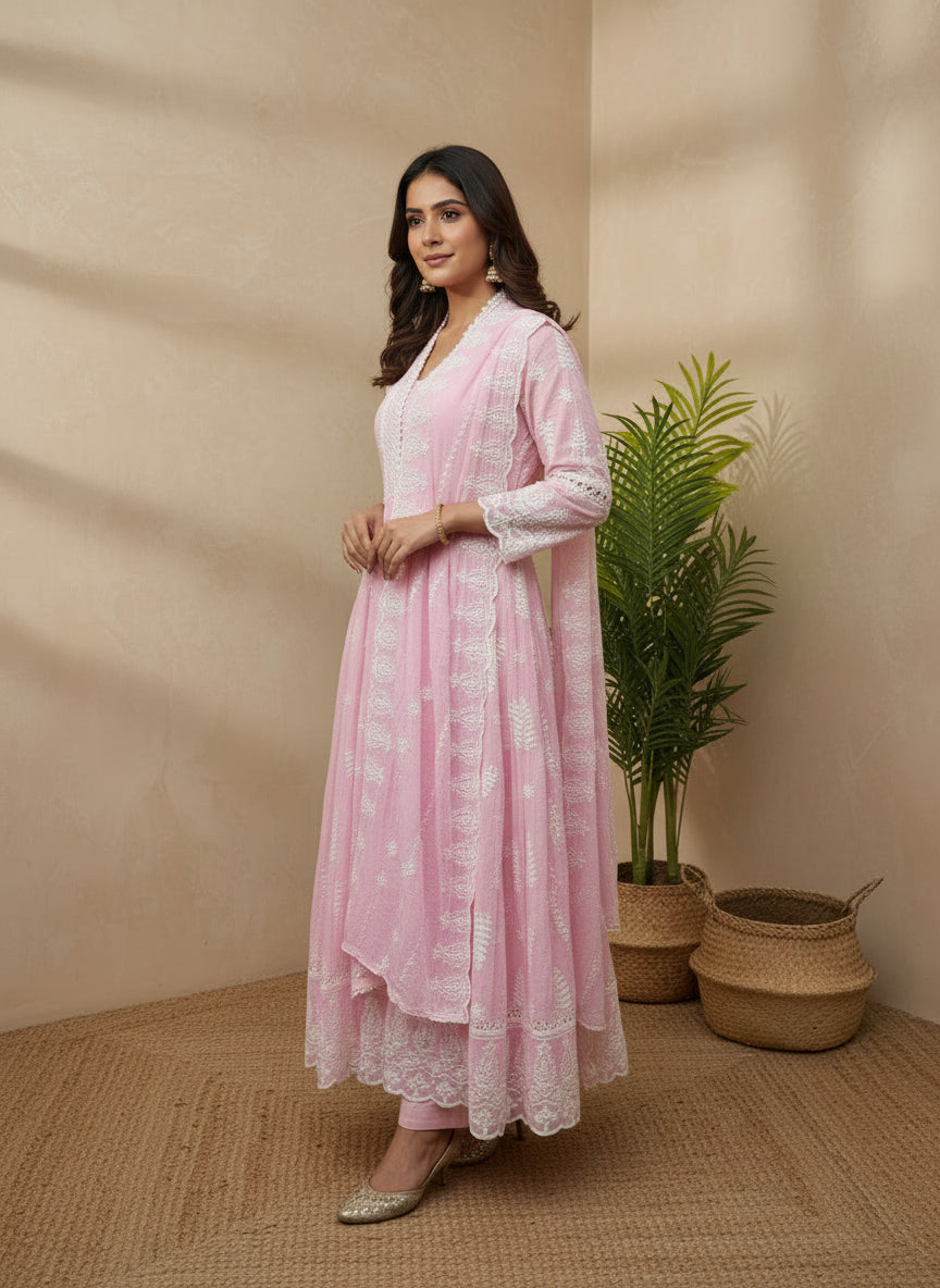 Pink mul mul chikankari anarkali long