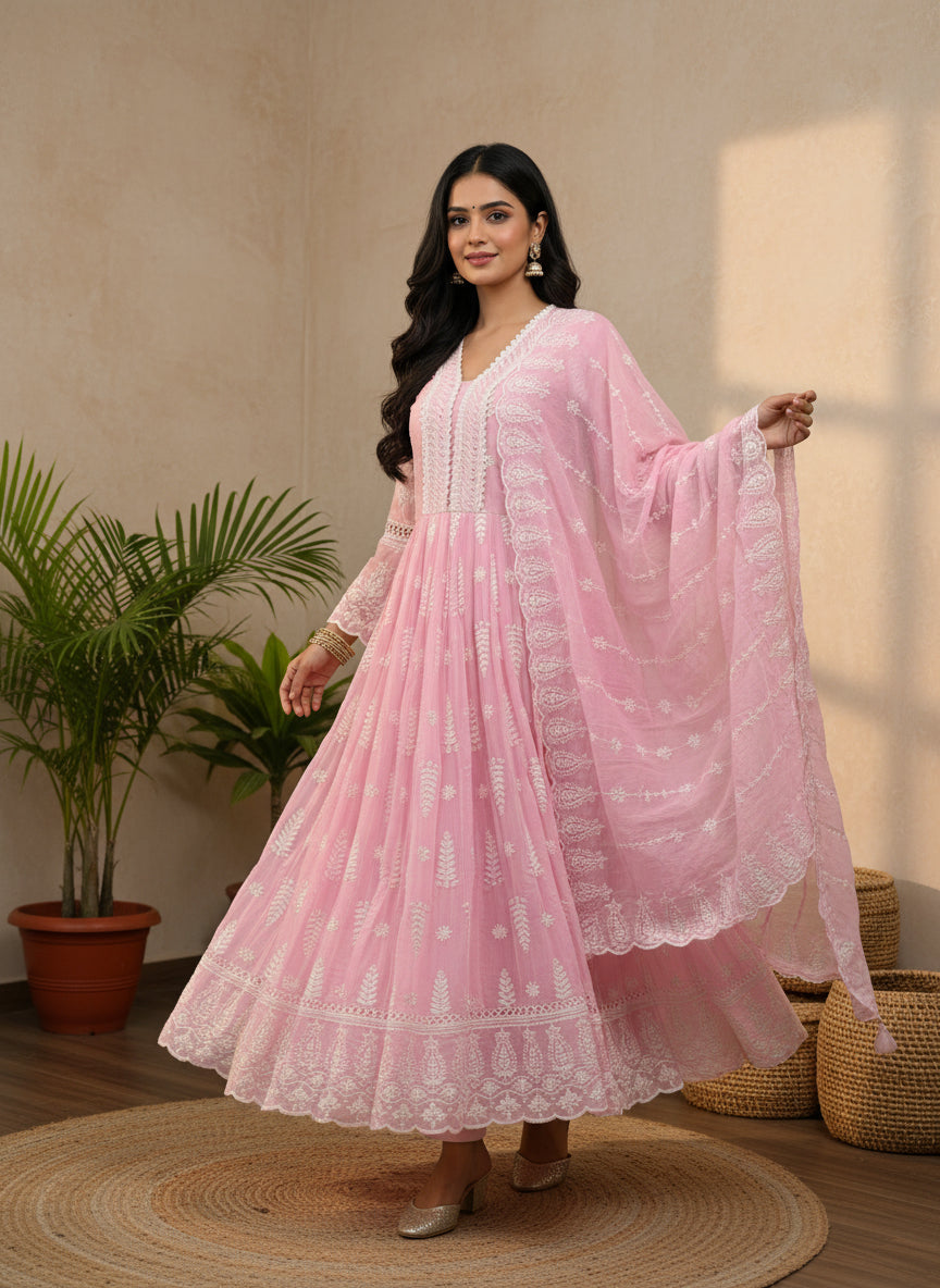 Pink mul mul chikankari anarkali long