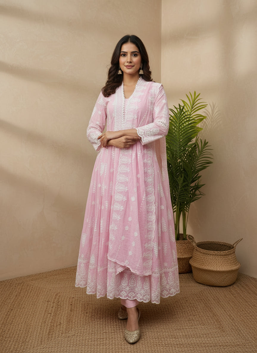 Pink mul mul chikankari anarkali long