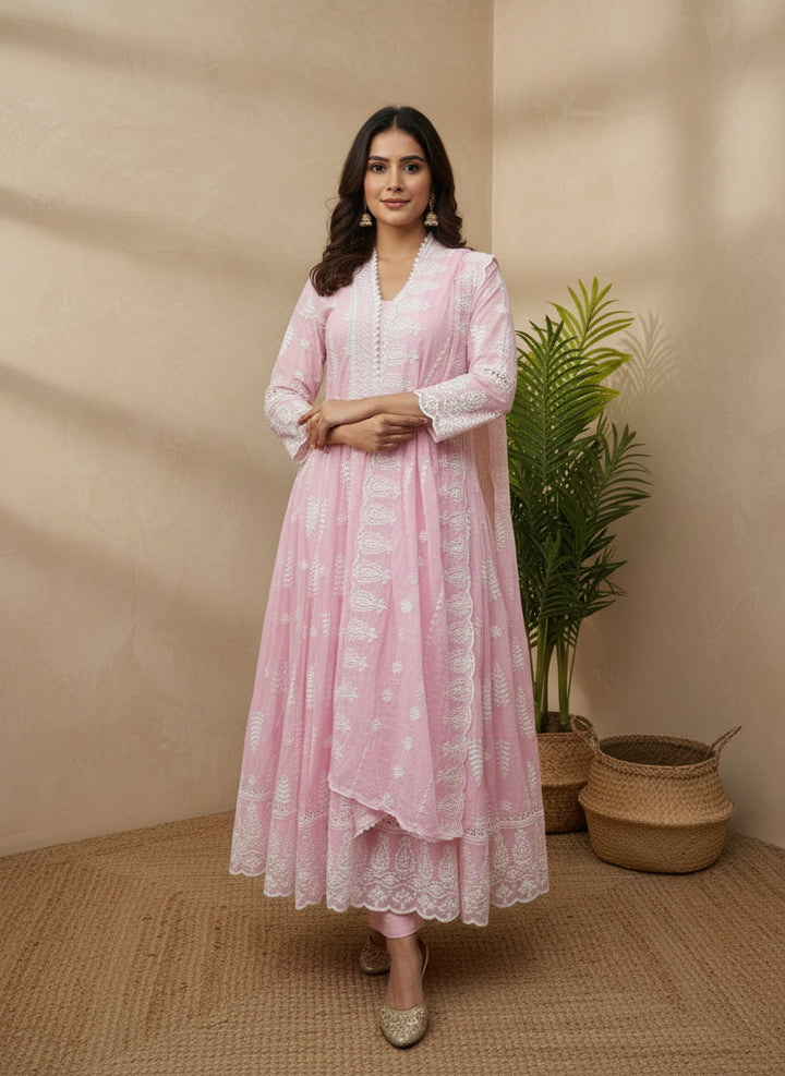 Pink mul mul chikankari anarkali long