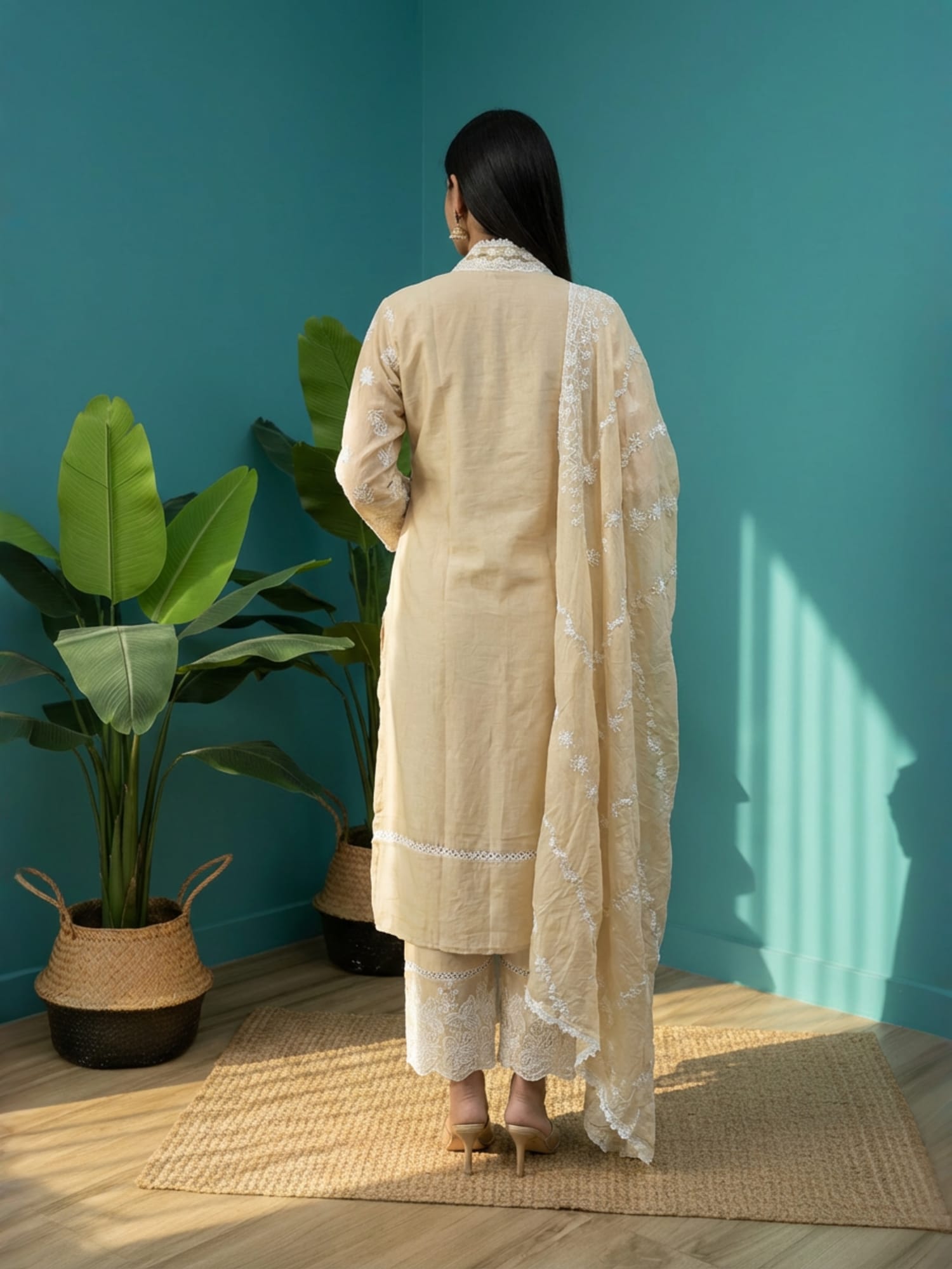 Beige Mul chikankari straight suit