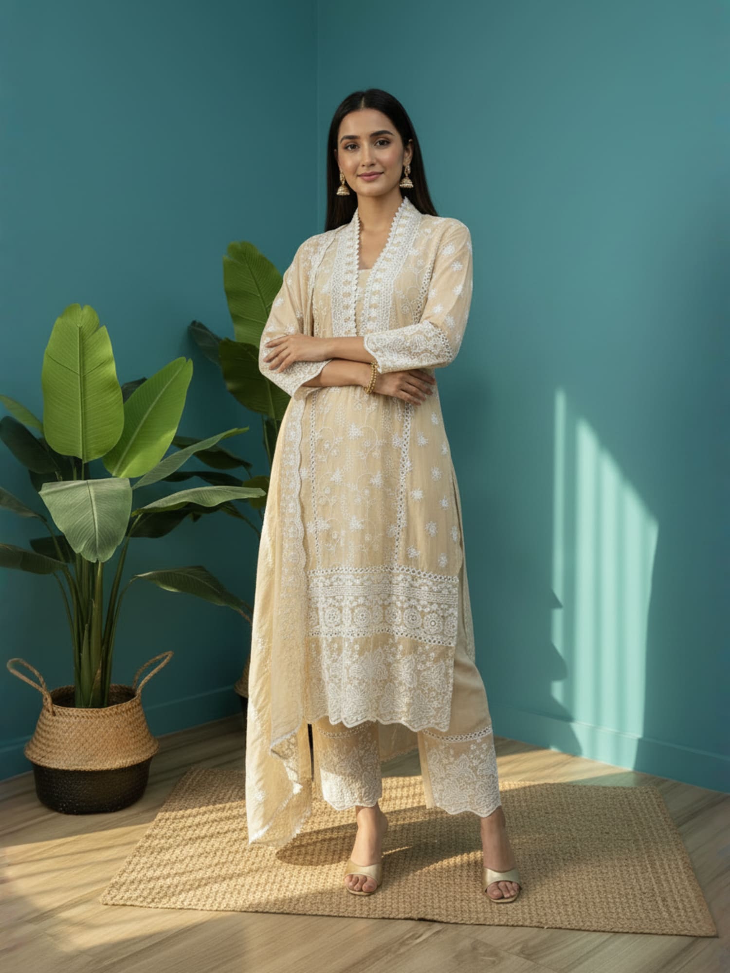 Beige Mul chikankari straight suit
