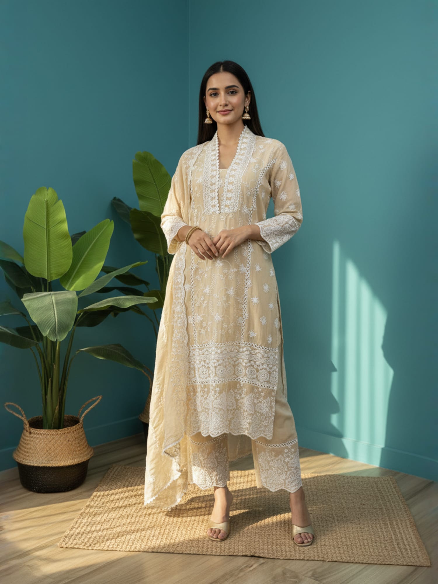 Beige Mul chikankari straight suit