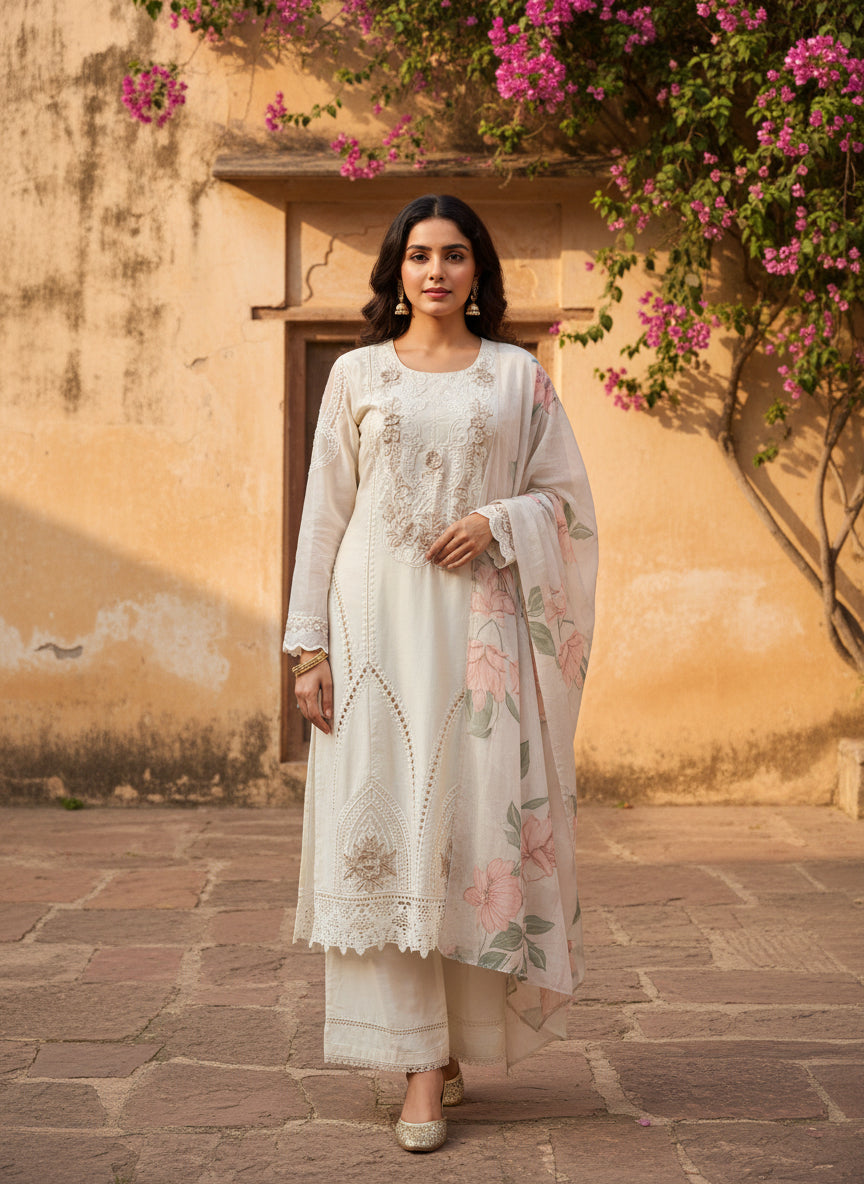 Cream Pakistani three piece suit