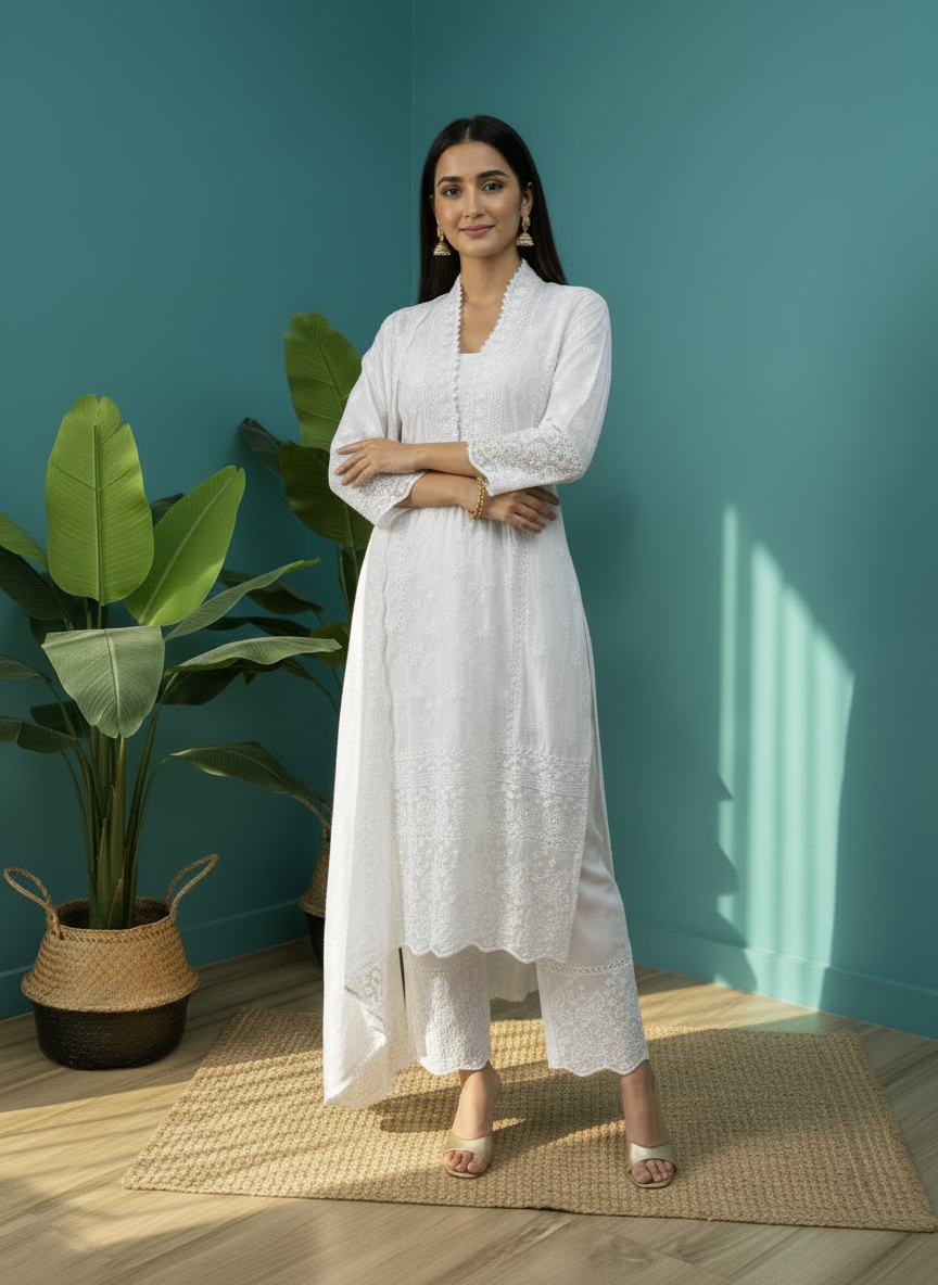 White Mul chikankari straight suit