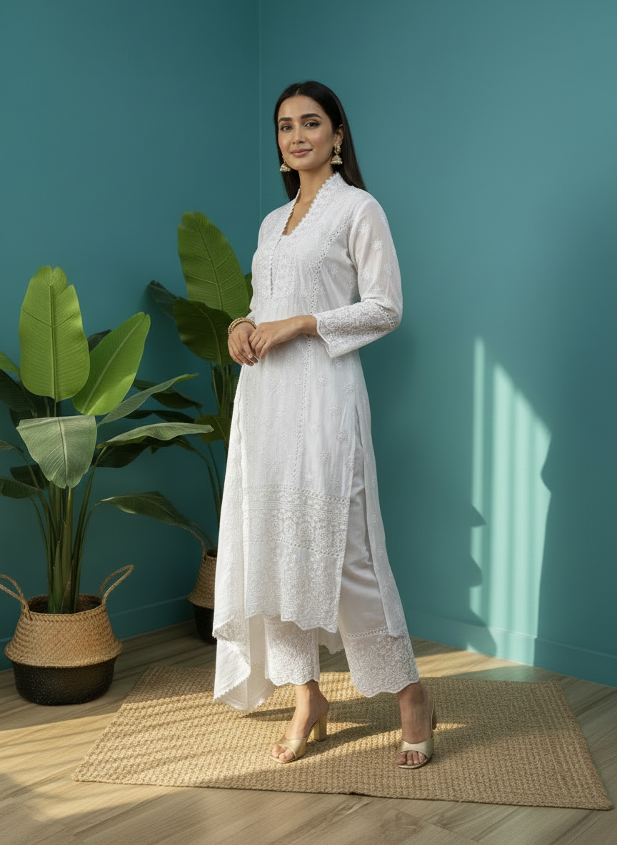 White Mul chikankari straight suit