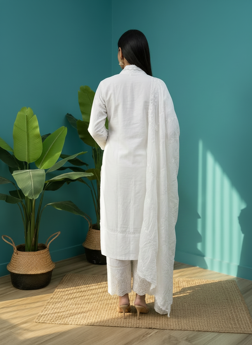 White Mul chikankari straight suit