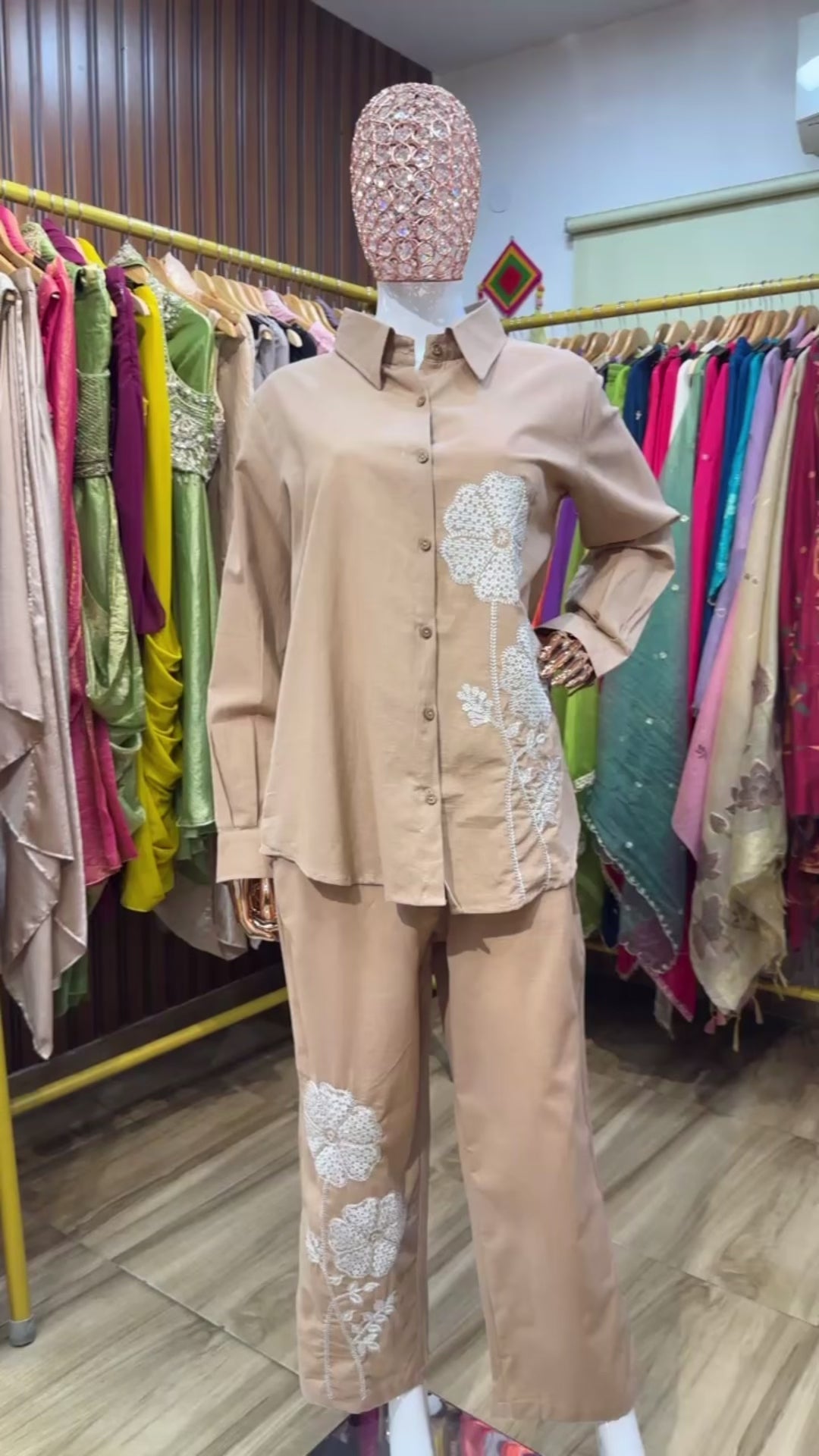 Beige flower embroidery co ord set