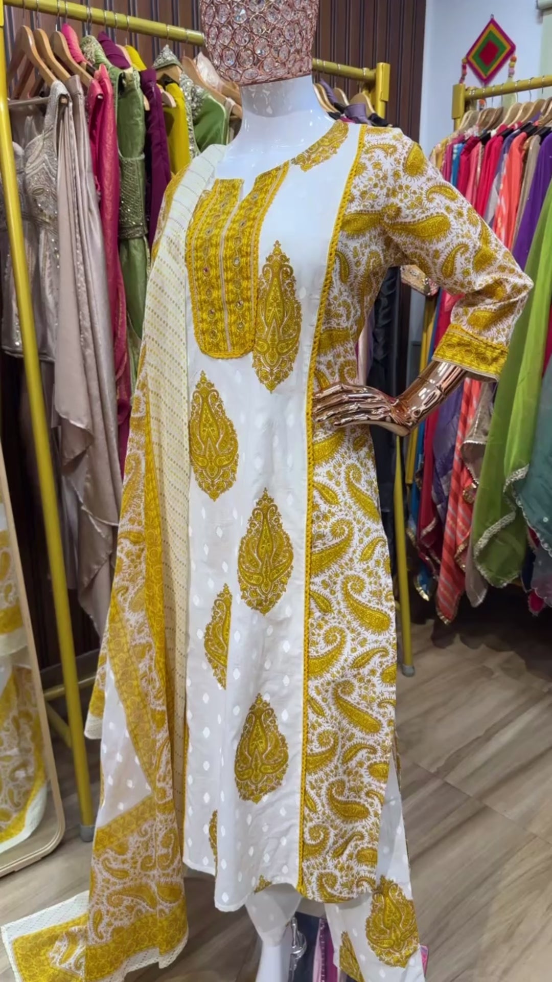 Yellow and white ajrak suit