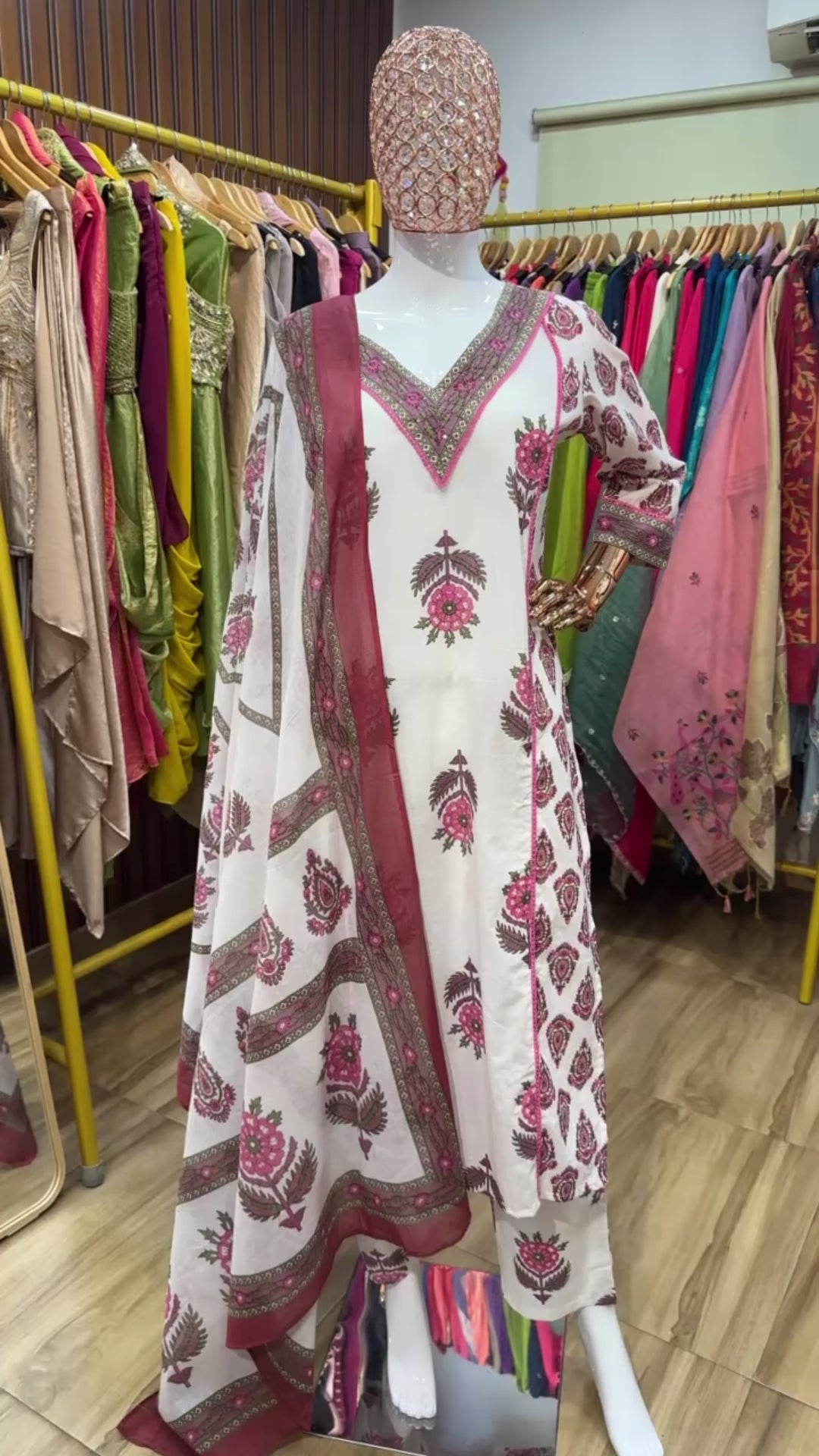 Pink and white ajrak suit