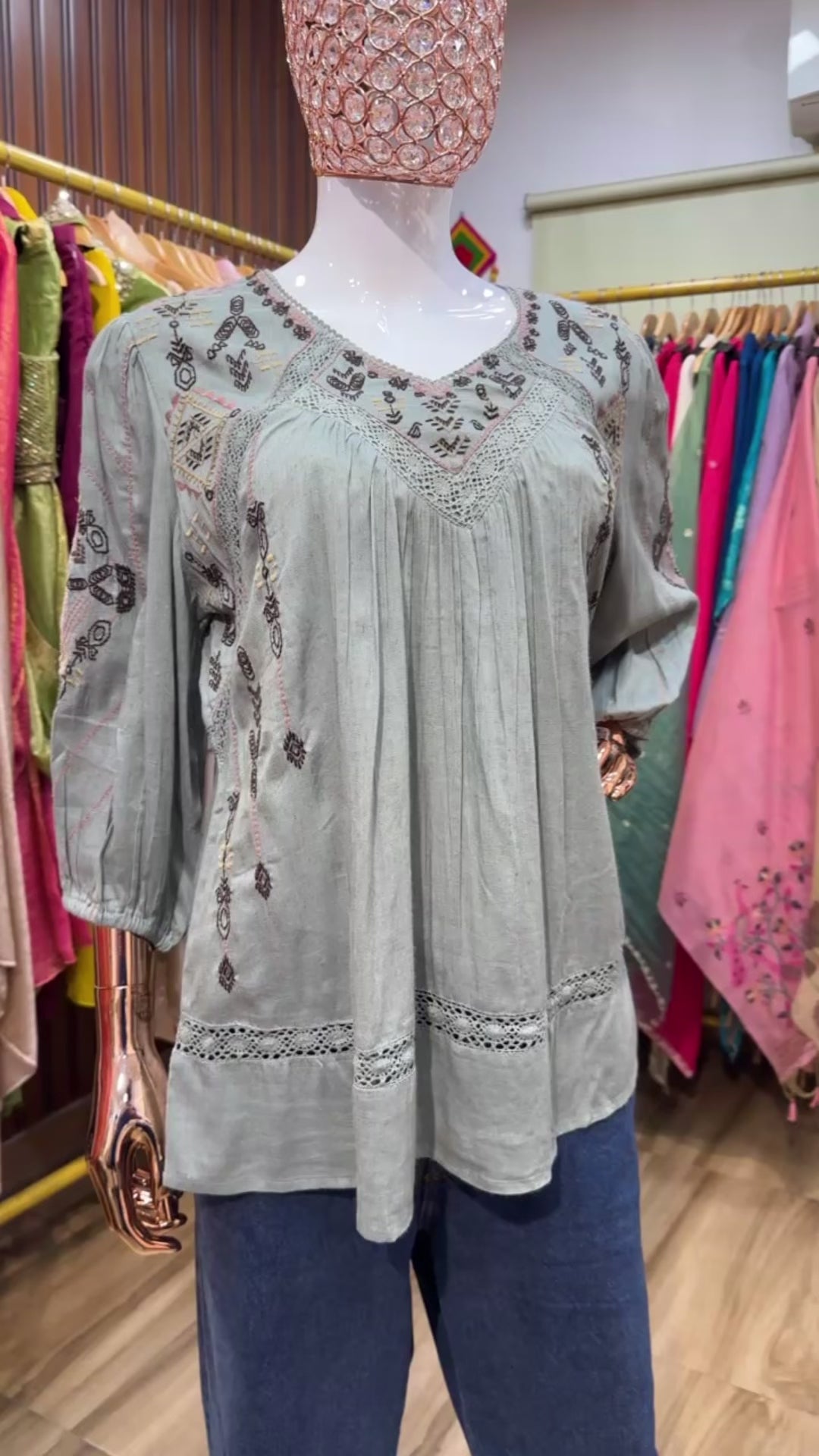 Mint green top Bohemian embroidery