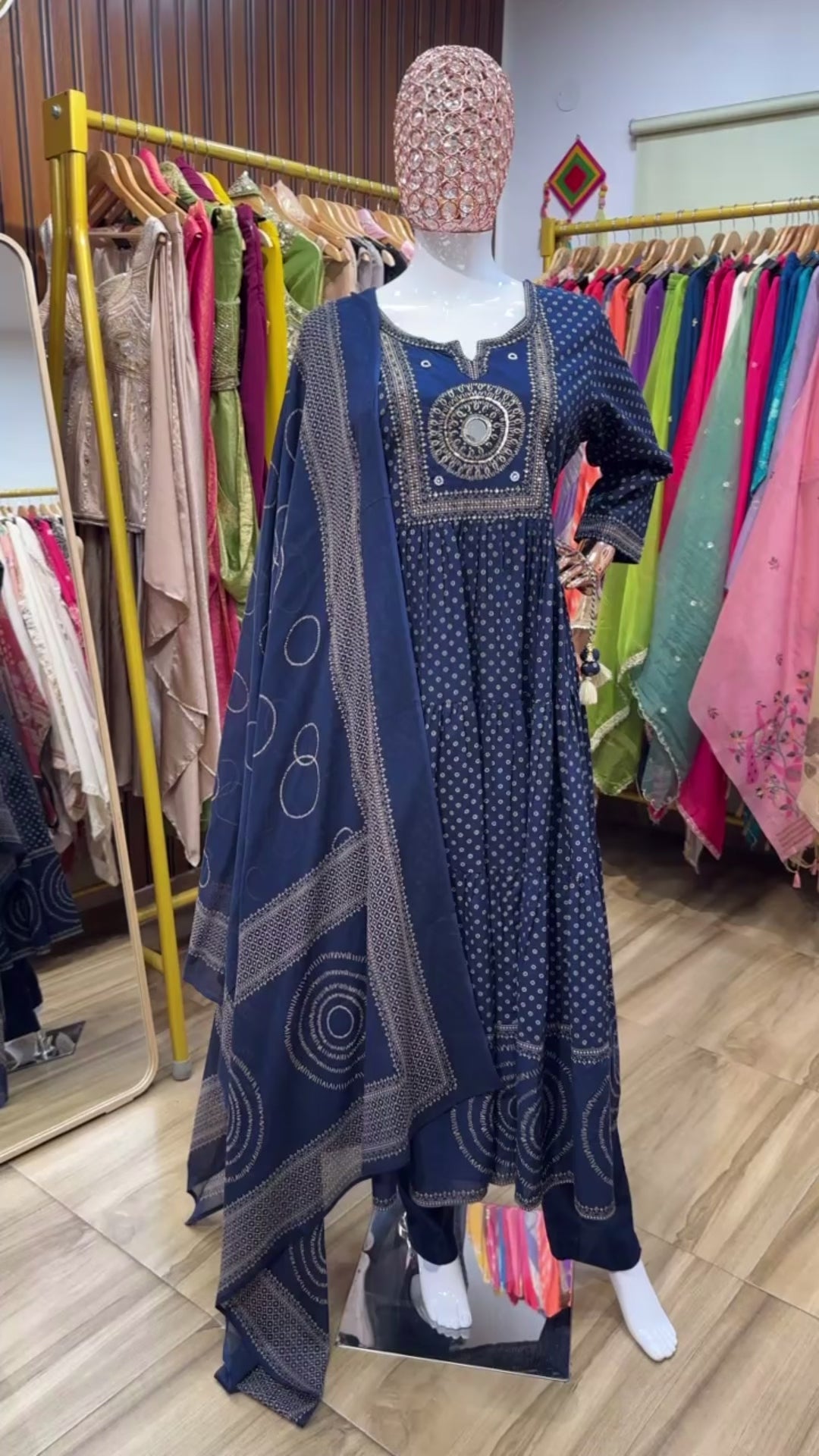 Blue printed mirror anarkali