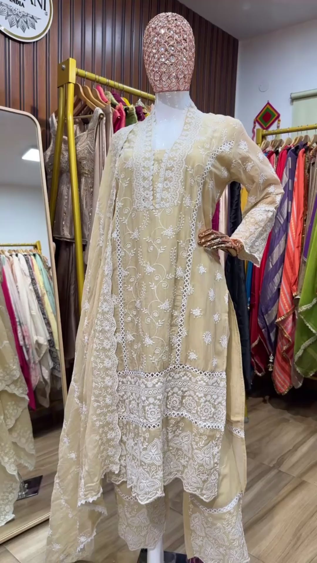 Beige Mul chikankari straight suit