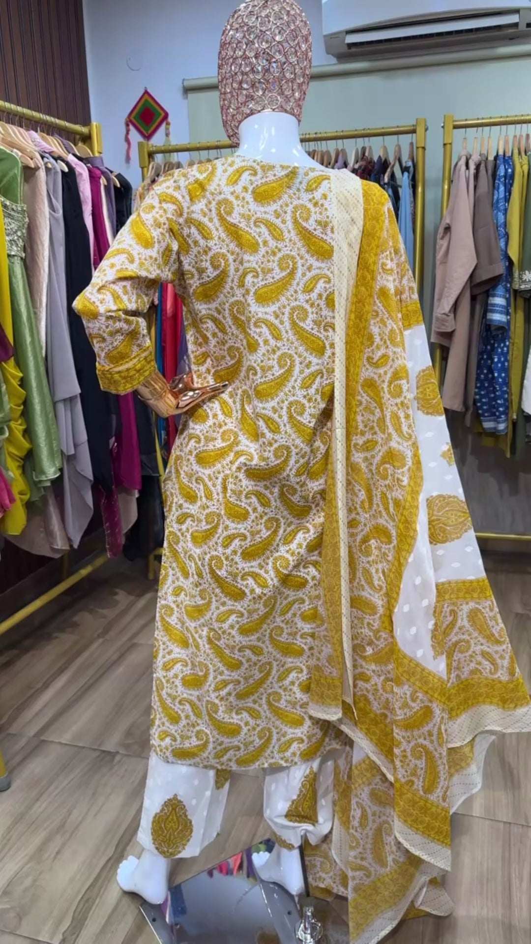 Yellow and white ajrak suit