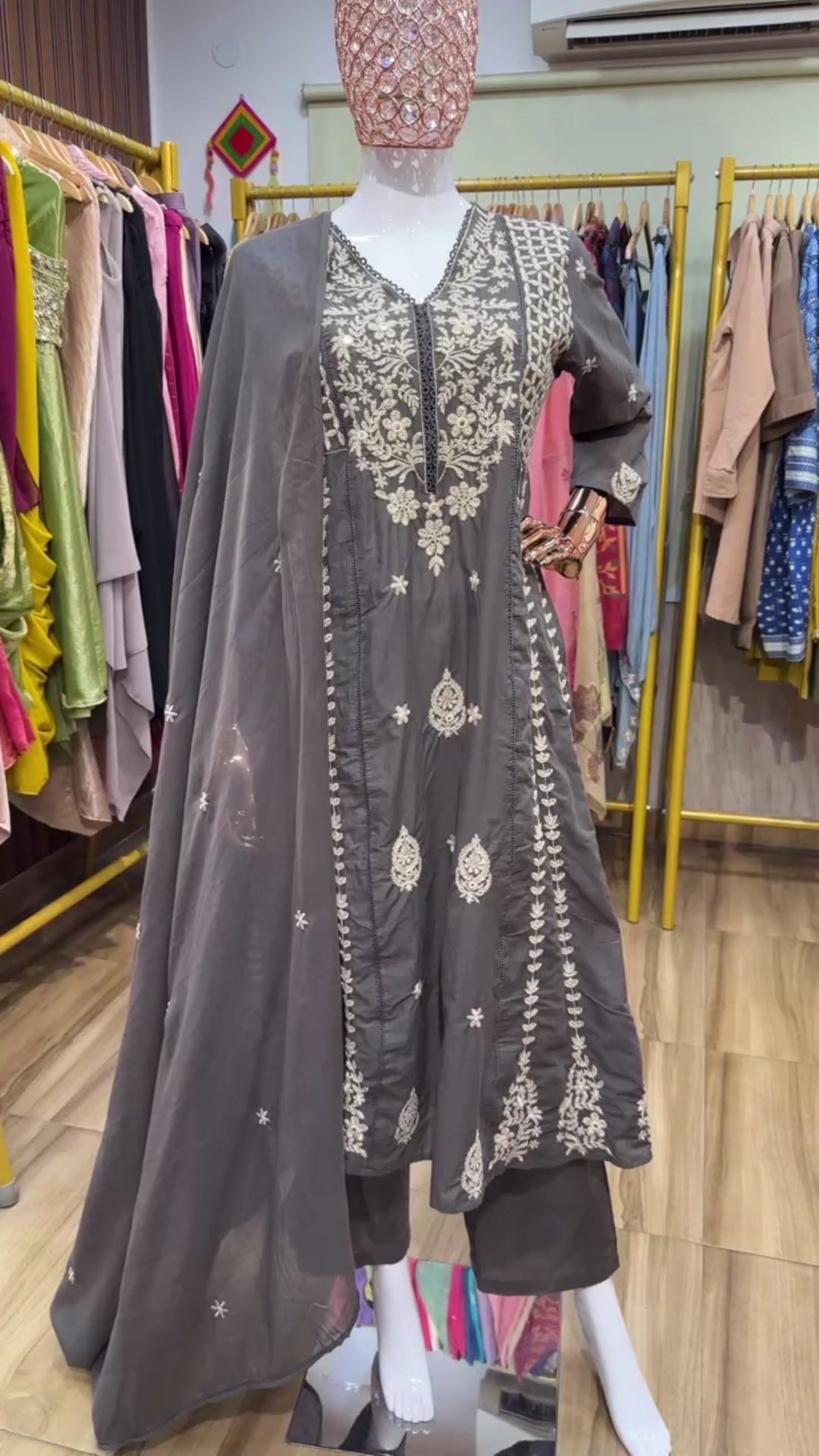 Grey A-line chikankari dupatta set