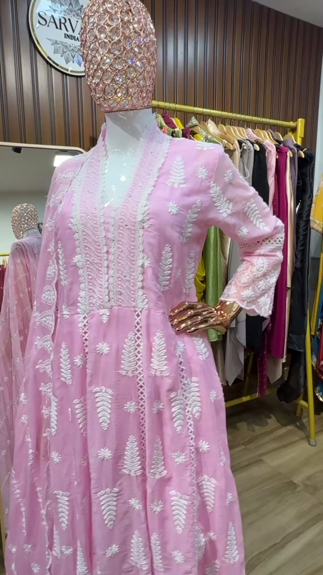 Pink mul mul chikankari anarkali long