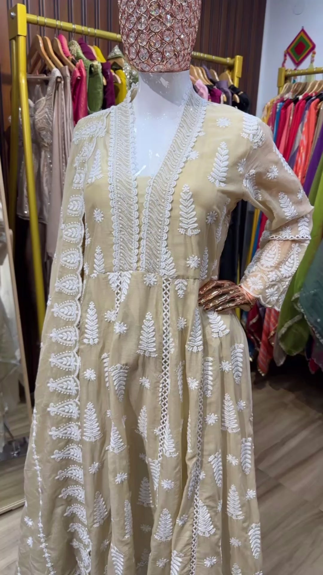 Beige mul mul chikankari anarkali long