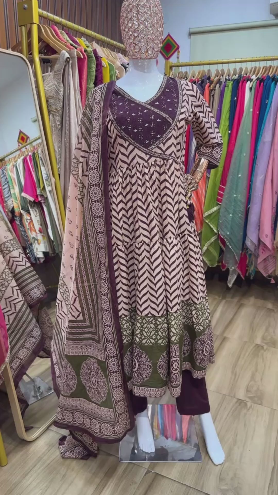 Angrakha style purple printed anarkali