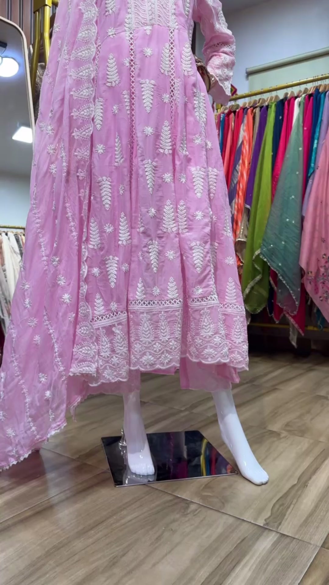 Pink mul mul chikankari anarkali long