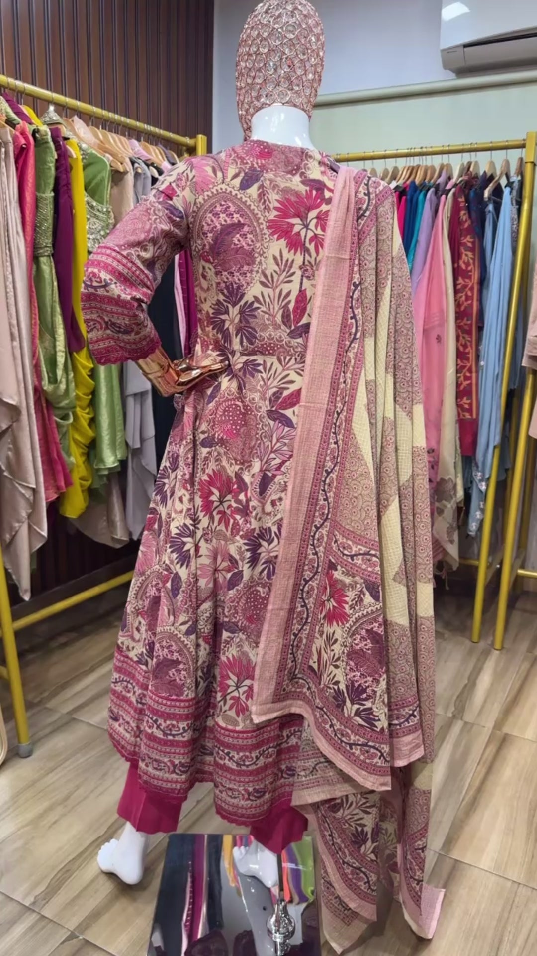 Pink and beige floral printed anarkali