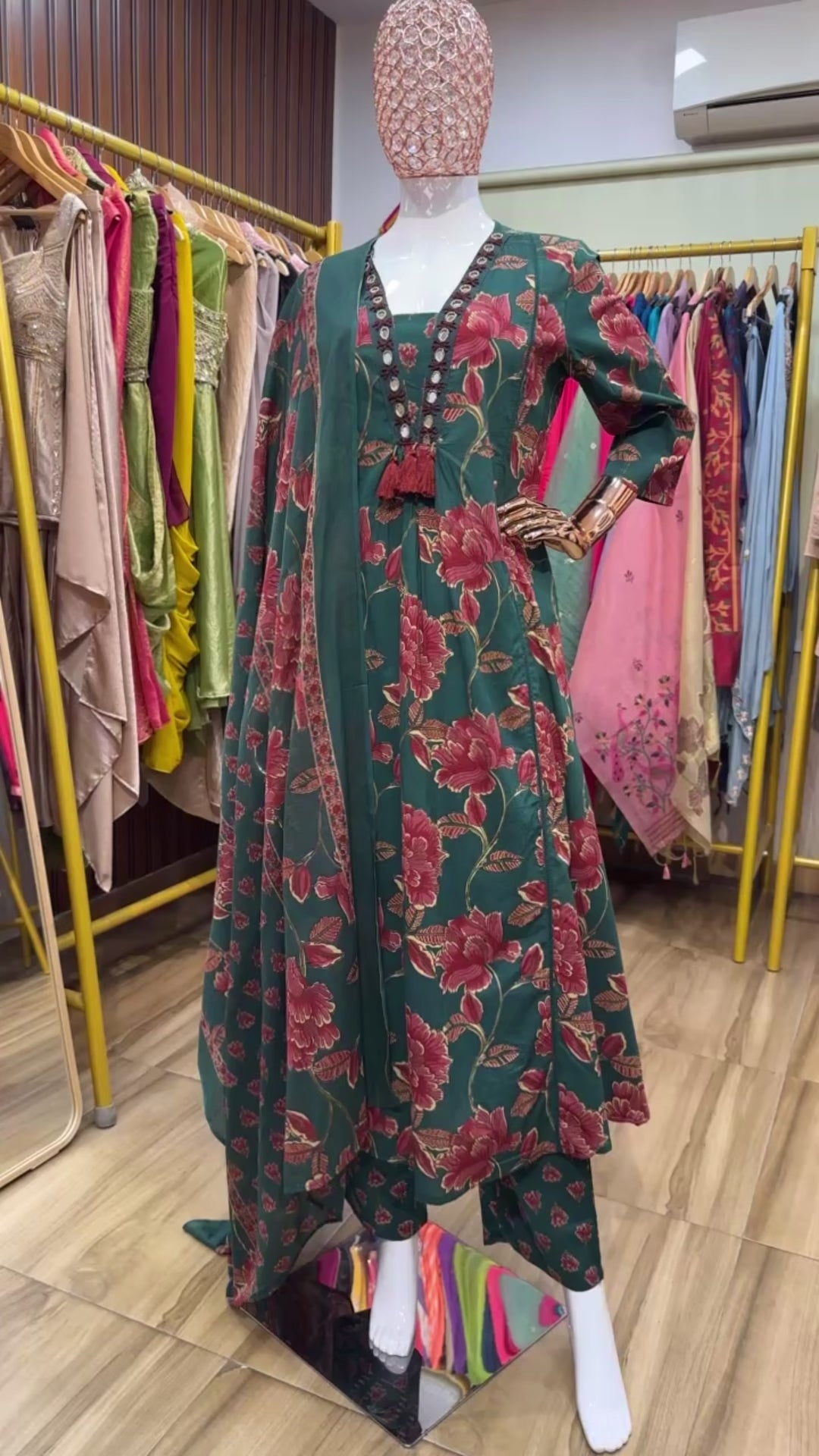 Green and red floral printed suit