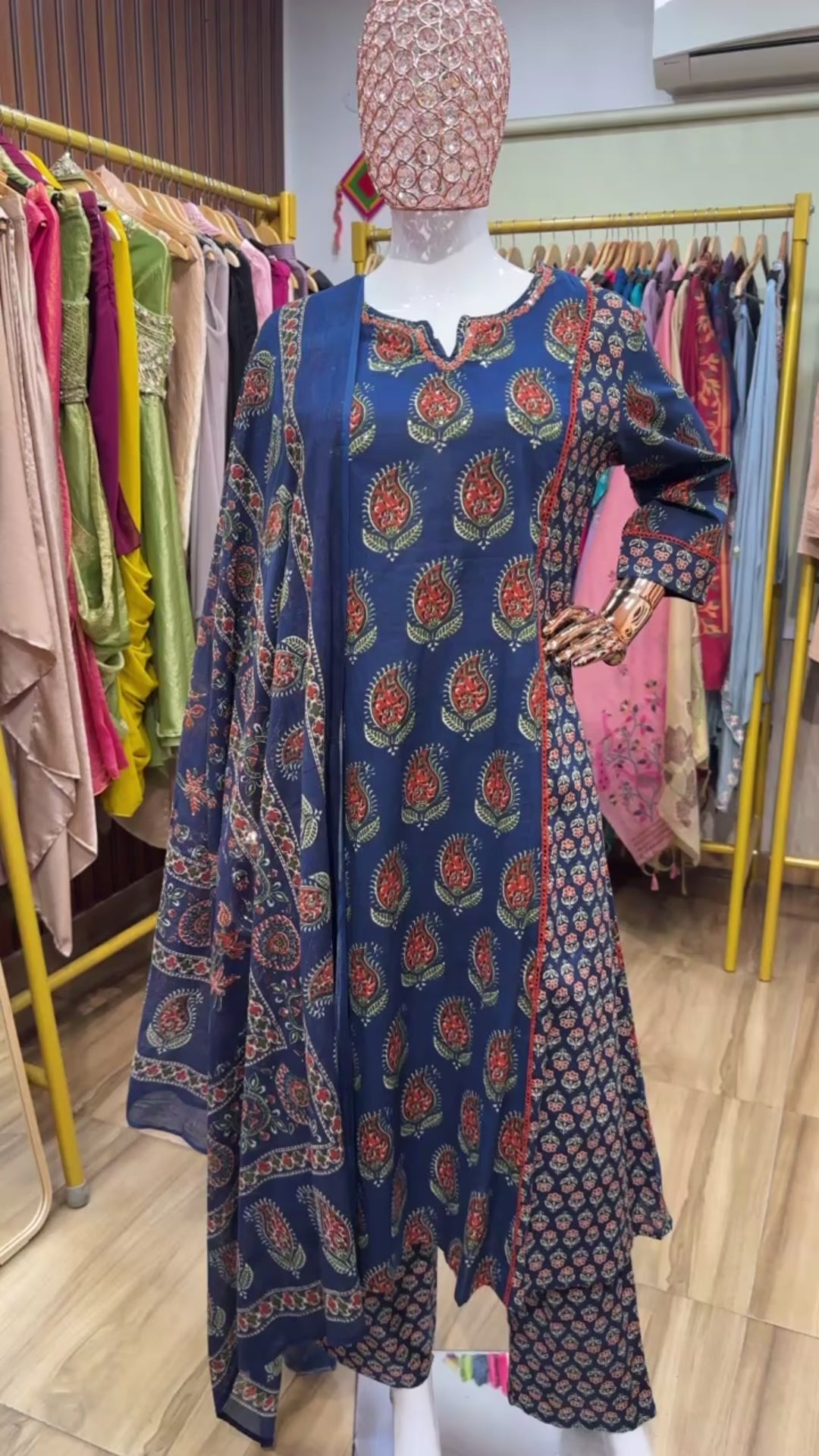 Red and blue ajrak printed suit