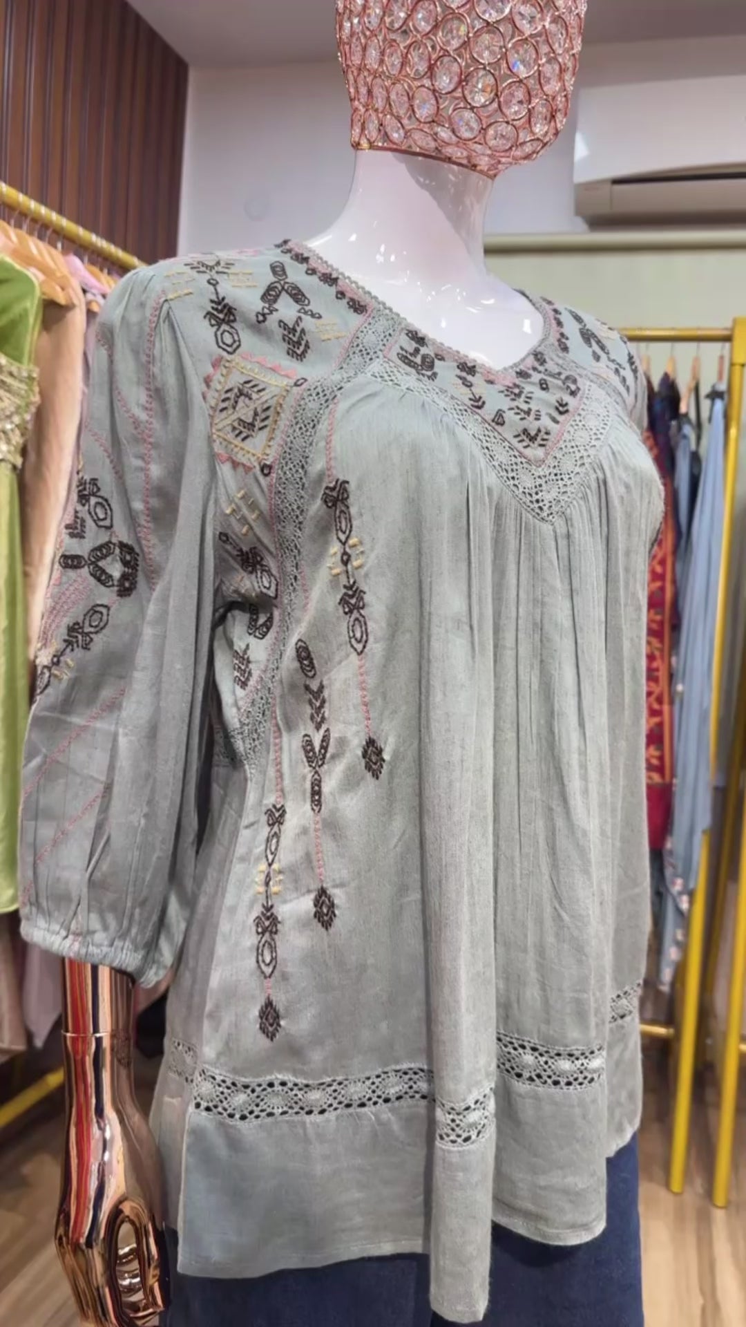 Mint green top Bohemian embroidery