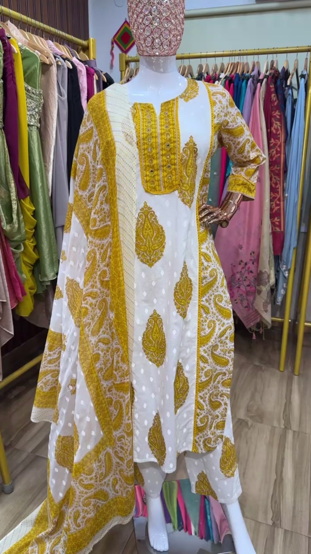 Yellow and white ajrak suit