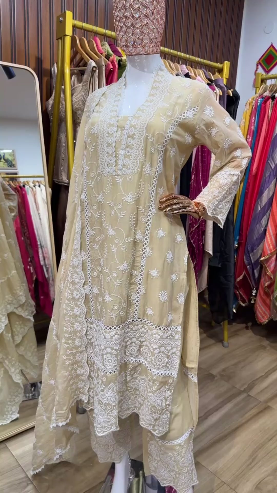 Beige Mul chikankari straight suit