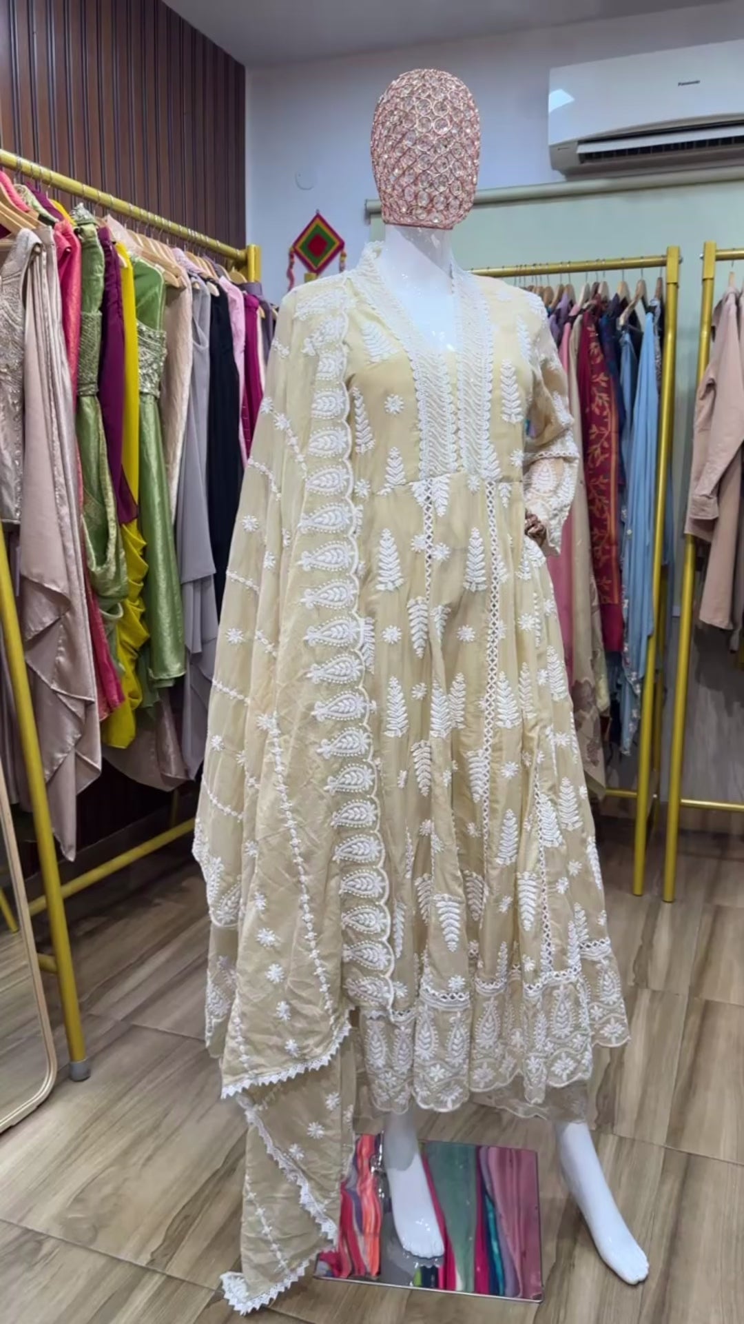 Beige mul mul chikankari anarkali long