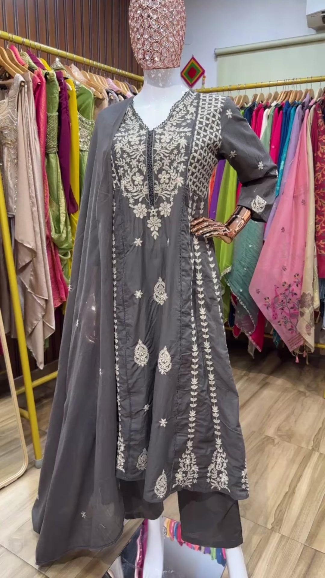 Grey A-line chikankari dupatta set