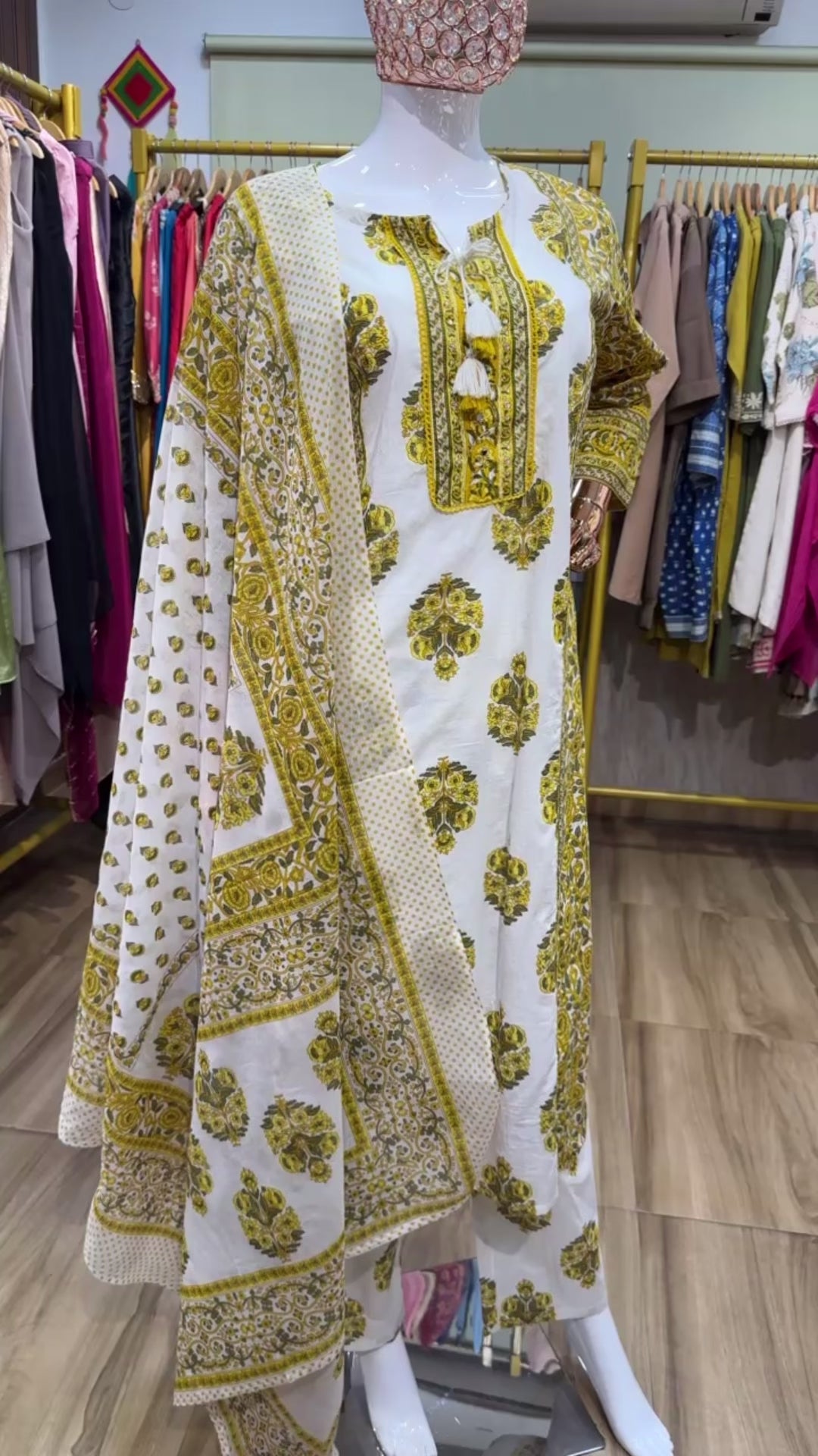 Yellow and white ajrak suit